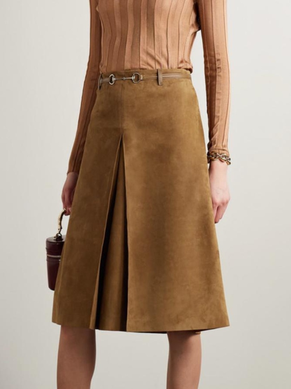 Gucci horsebit detailed leather trimmed pleated suede midi skirt